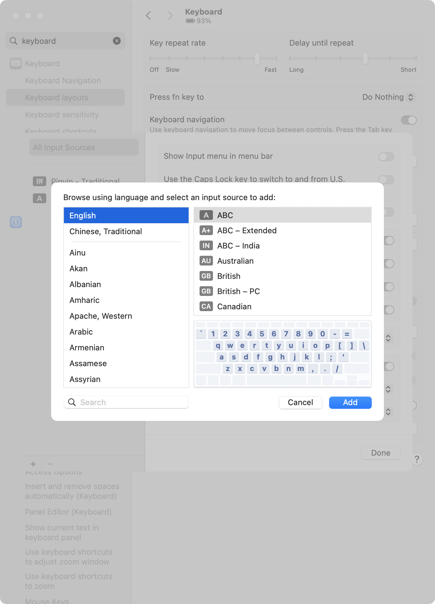 Adding an input source in macOS Sequoia System Settings
